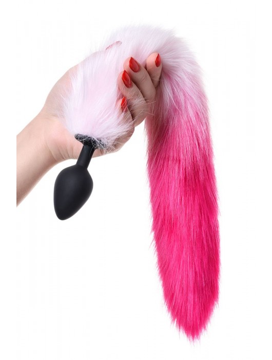 Черная анальная втулка с бело-розовым хвостом - размер M - POPO Pleasure