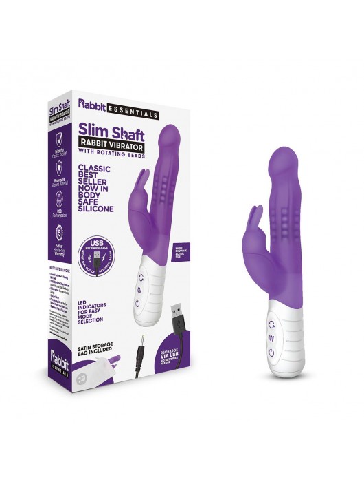 Фиолетовый тонкий вибратор-кролик с клиторальным отростком - 22 см. - Rabbit Essentials