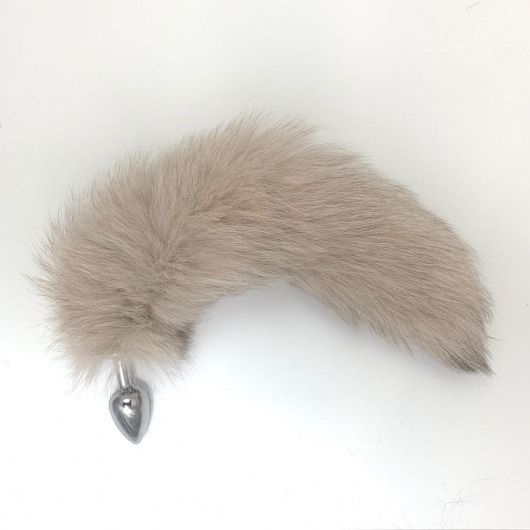 Серебристая металлическая анальная пробка с бежевым хвостом - размер S - Vandersex - купить с доставкой в Москве