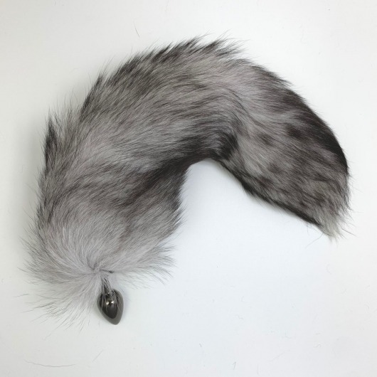 Серебристая металлическая анальная втулка с черно-белым хвостом - размер S - Vandersex - купить с доставкой в Москве