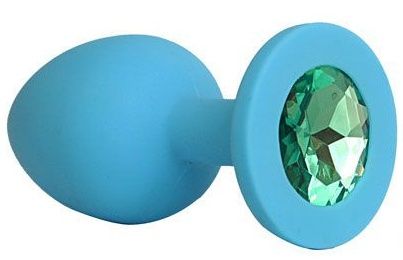 Голубая силиконовая анальная пробка с зеленым кристаллом - 9,5 см. - Bior toys - купить с доставкой в Москве