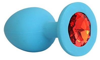 Голубая силиконовая анальная пробка с красным кристаллом - 9,5 см. - Bior toys - купить с доставкой в Москве
