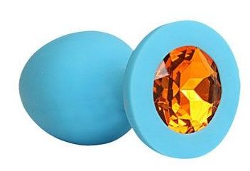 Голубая силиконовая анальная пробка с оранжевым кристаллом - 9,5 см. - Bior toys - купить с доставкой в Москве