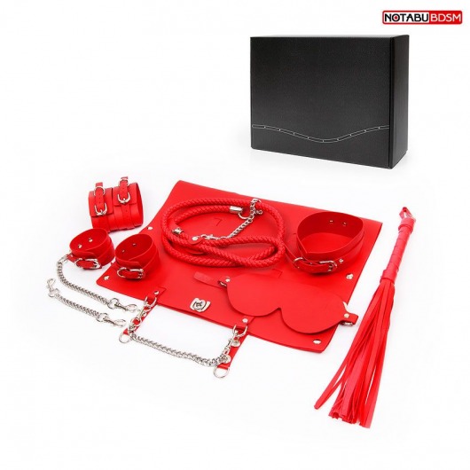 Красный набор БДСМ в сумке: маска, ошейник с поводком, наручники, оковы, плеть - Bior toys - купить с доставкой в Москве