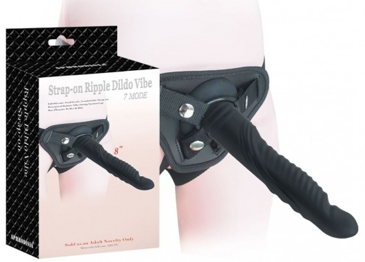 Черный страпон 8 inch Strap-on Ripple Dildo Vibe - 21 см. - Howells - купить с доставкой в Москве