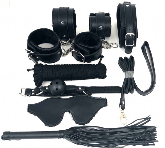Набор БДСМ в черном цвете: наручники, поножи, кляп, ошейник с поводком, маска, веревка, плеть - Vandersex - купить с доставкой в Москве