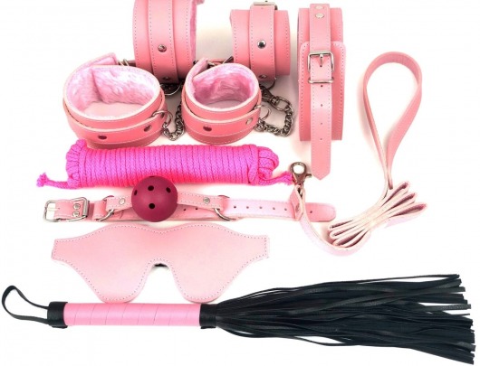 Набор БДСМ в розовом цвете: наручники, поножи, кляп, ошейник с поводком, маска, веревка, плеть - Vandersex - купить с доставкой в Москве