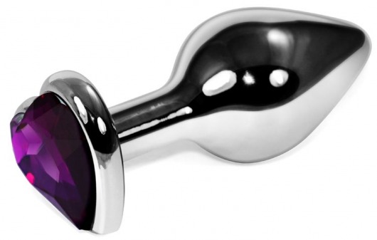 Серебристая анальная пробка с фиолетовым кристаллом-сердечком - 9 см. - Vandersex - купить с доставкой в Москве