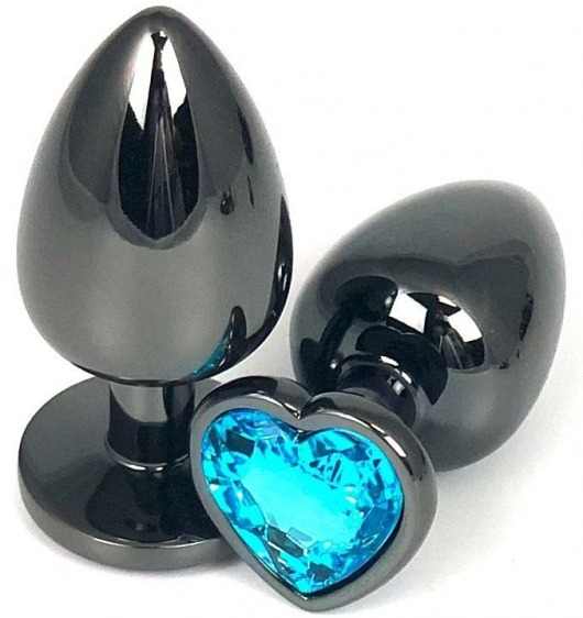 Черная металлическая анальная пробка с голубым стразом-сердечком - 9 см. - Vandersex - купить с доставкой в Москве