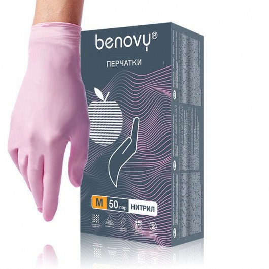Розовые нитриловые перчатки BENOVY размера M - 100 шт.(50 пар) - Rubber Tech Ltd - купить с доставкой в Москве