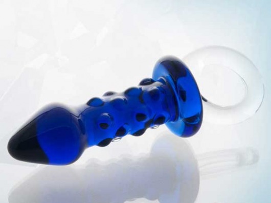 Синяя стеклянная анальная втулка с ручкой-кольцом - 10,5 см. - Sexus