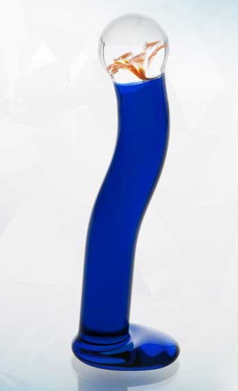 Синий стеклянный фаллоимитатор на подставке - 17,5 см. - Sexus