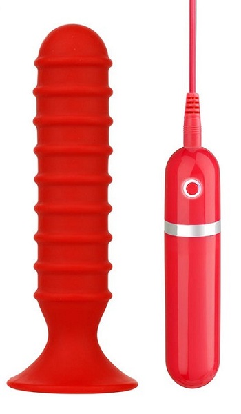 Красный ребристый анальный вибратор RIBBED TORPEDO - 15 см. - Dream Toys