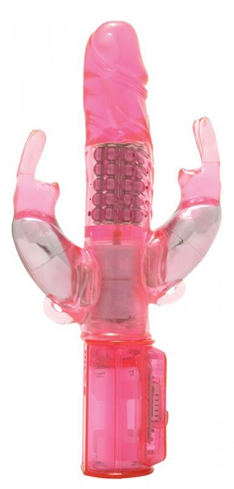 Розовый вибратор с вращающимися шариками и двумя отростками-зайцами - 25 см. - Seven Creations