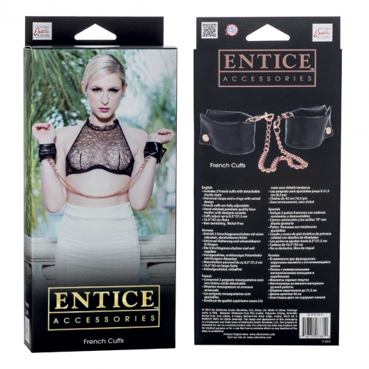 Черные мягкие наручники Entice French Cuffs с цепью - California Exotic Novelties - купить с доставкой в Москве