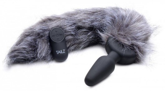Черная анальная вибропробка с серым лисьим хвостом Grey Fox Tail Vibrating Anal Plug - XR Brands