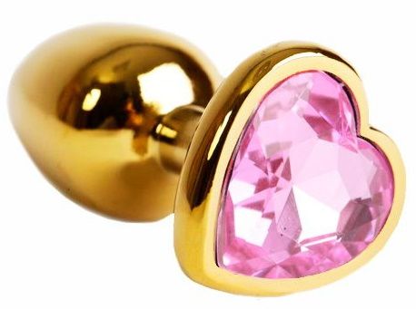 Золотистая анальная пробка с нежно-розовым кристаллом в форме сердца - 6 см. - Kanikule - купить с доставкой в Москве