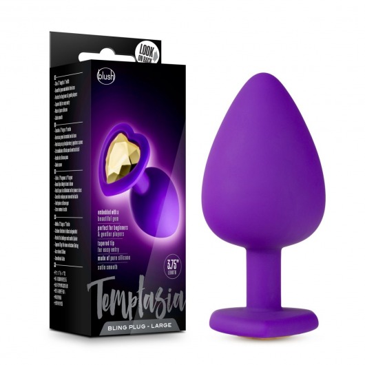Фиолетовая анальная пробка Bling Plug Large с золотистым стразом - 9,5 см. - Blush Novelties - купить с доставкой в Москве