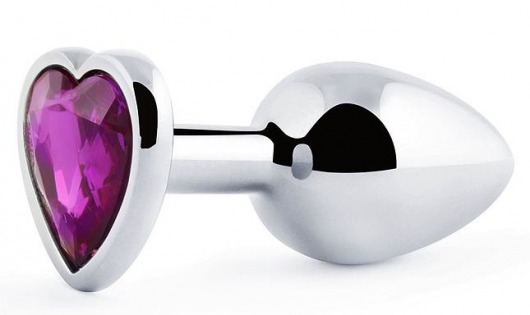 Серебристая анальная пробка с фиолетовым кристаллом-сердечком - 8 см. - Anal Jewelry Plug - купить с доставкой в Москве