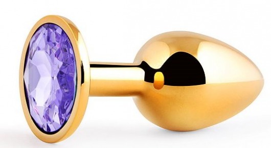 Золотистая анальная пробка с фиолетовым стразом - 7,2 см. - Anal Jewelry Plug - купить с доставкой в Москве