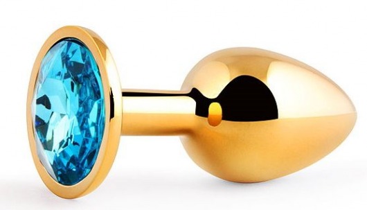 Золотистая анальная пробка с голубым стразом - 7,2 см. - Anal Jewelry Plug - купить с доставкой в Москве