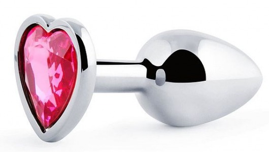 Серебристая анальная пробка с розовым кристаллом-сердечком - 7 см. - Anal Jewelry Plug - купить с доставкой в Москве