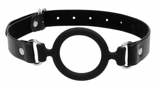 Черный кляп-кольцо с кожаными ремешками  Silicone Ring Gag with Leather Straps - Shots Media BV - купить с доставкой в Москве