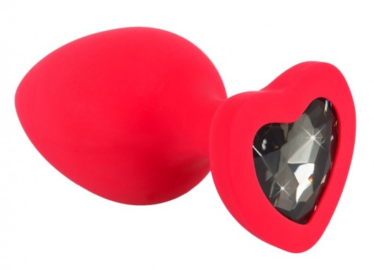 Красная силиконовая анальная пробка с черным стразом-сердечком - 9,3 см. - Orion - купить с доставкой в Москве