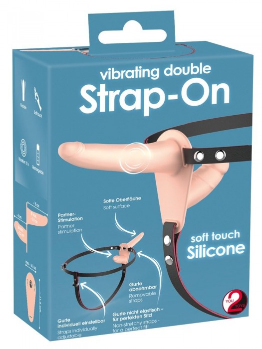 Телесный двойной вибрострапон с вибрацией Vibrating Double Strap-On - 15 см. - Orion - купить с доставкой в Москве