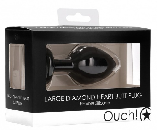 Черная анальная пробка с прозрачным стразом Large Ribbed Diamond Heart Plug - 8 см. - Shots Media BV - купить с доставкой в Москве