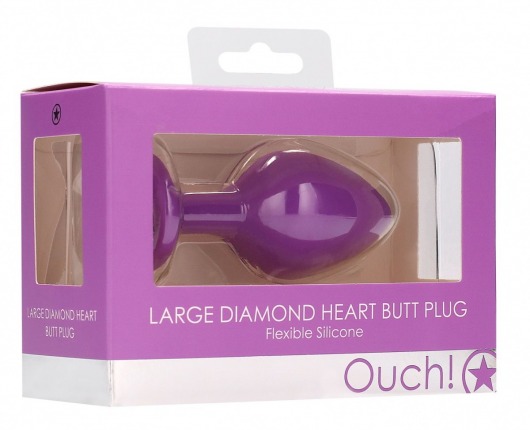 Фиолетовая анальная пробка с прозрачным стразом Large Ribbed Diamond Heart Plug - 8 см. - Shots Media BV - купить с доставкой в Москве
