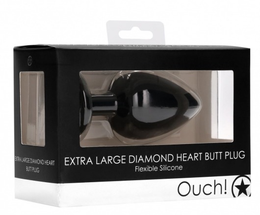 Черная анальная пробка с прозрачным стразом Extra Large Diamond Heart Butt Plug - 9,5 см. - Shots Media BV - купить с доставкой в Москве