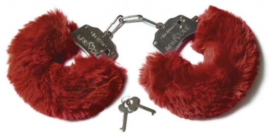 Шикарные бордовые меховые наручники с ключиками - Le Frivole - купить с доставкой в Москве