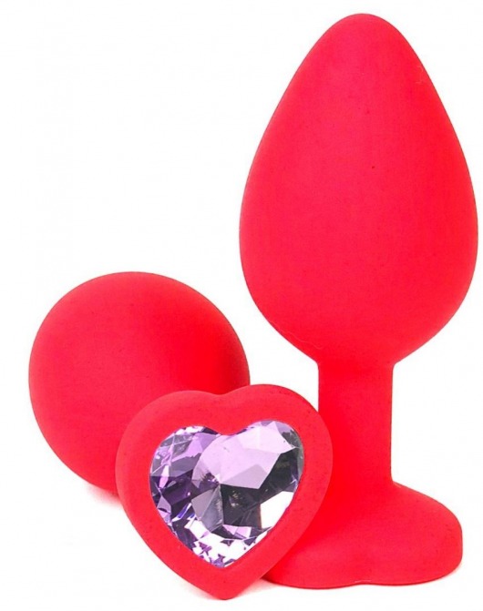 Красная силиконовая пробка с сиреневым кристаллом-сердечком - 8 см. - Vandersex - купить с доставкой в Москве