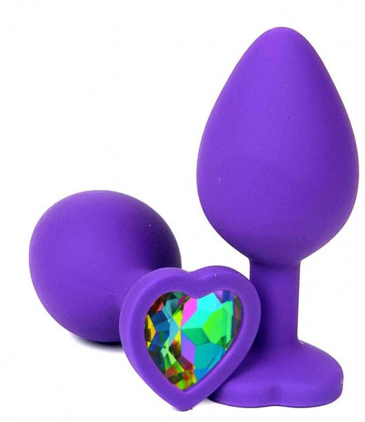 Фиолетовая силиконовая пробка с разноцветным кристаллом-сердечком - 8 см. - Vandersex - купить с доставкой в Москве