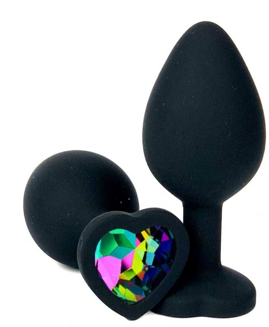 Черная силиконовая пробка с разноцветным кристаллом-сердечком - 7 см. - Vandersex - купить с доставкой в Москве