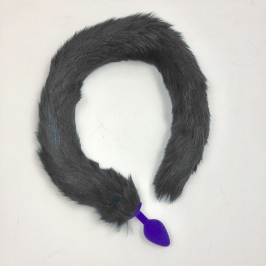 Фиолетовая силиконовая анальная пробка с длинным черным хвостом - Vandersex