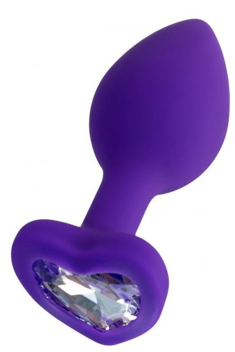 Фиолетовая анальная втулка с прозрачным стразом-сердечком - 7 см. - Штучки-дрючки - купить с доставкой в Москве