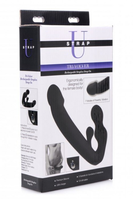 Черный безремневой страпон Tri-Volver Rechargeable Strapless Strap On - XR Brands - купить с доставкой в Москве