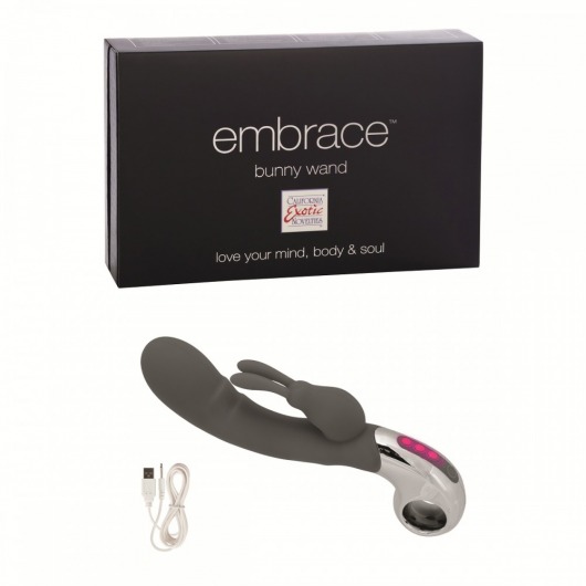 Серый вибратор Embrace Bunny Wand - 21 см. - California Exotic Novelties