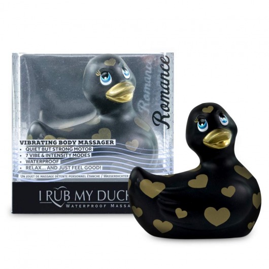 Черный вибратор-уточка I Rub My Duckie 2.0 Romance с золотистым принтом - Big Teaze Toys - купить с доставкой в Москве