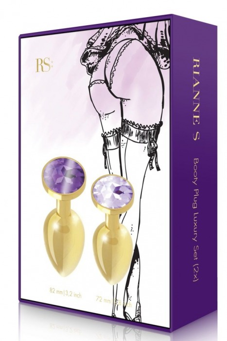 Набор из 2 золотистых анальных пробок с фиолетовыми кристаллами Booty Plug Original Luxury Set - Rianne S - купить с доставкой в Москве