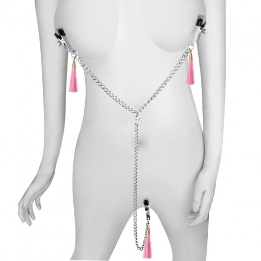 Зажимы на соски и половые губы с розовыми кисточками Nipple Clit Tassel Clamp With Chain - Lovetoy - купить с доставкой в Москве