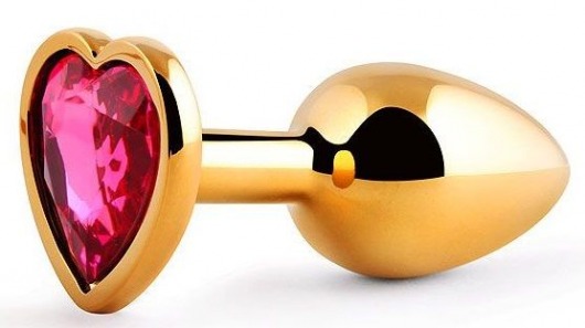 Золотистая анальная пробка с малиновым кристаллом-сердечком - 7 см. - Anal Jewelry Plug - купить с доставкой в Москве