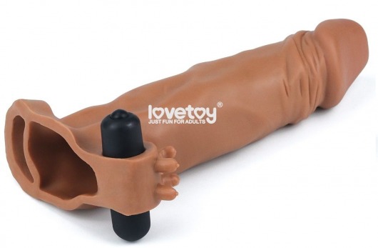 Коричневая вибронасадка-удлинитель на пенис Add 2 Pleasure X Tender Vibrating Penis Sleeve - 19 см. - Lovetoy - в Москве купить с доставкой