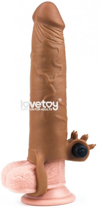 Коричневая вибронасадка-удлинитель на пенис Add 3 Pleasure X Tender Vibrating Penis Sleeve - 19,5 см. - Lovetoy - в Москве купить с доставкой