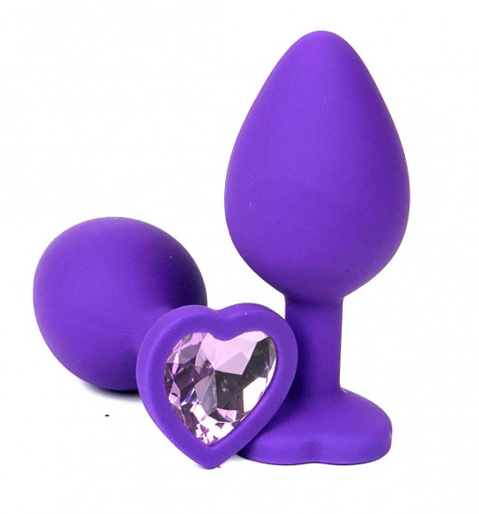 Фиолетовая силиконовая анальная пробка с сиреневым стразом-сердцем - 8 см. - Vandersex - купить с доставкой в Москве