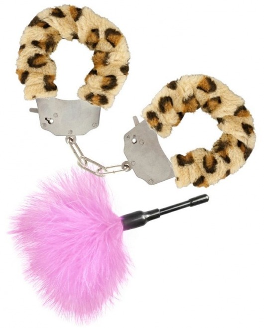 Эротический набор: леопардовые наручники и розовая пуховка - Toy Joy - купить с доставкой в Москве