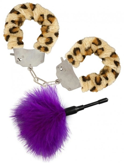 Эротический набор: леопардовые наручники и фиолетовая пуховка - Toy Joy - купить с доставкой в Москве