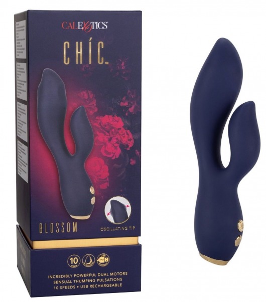 Синий вибромассажер-кролик Chi­c Blossom - 15,75 см. - California Exotic Novelties